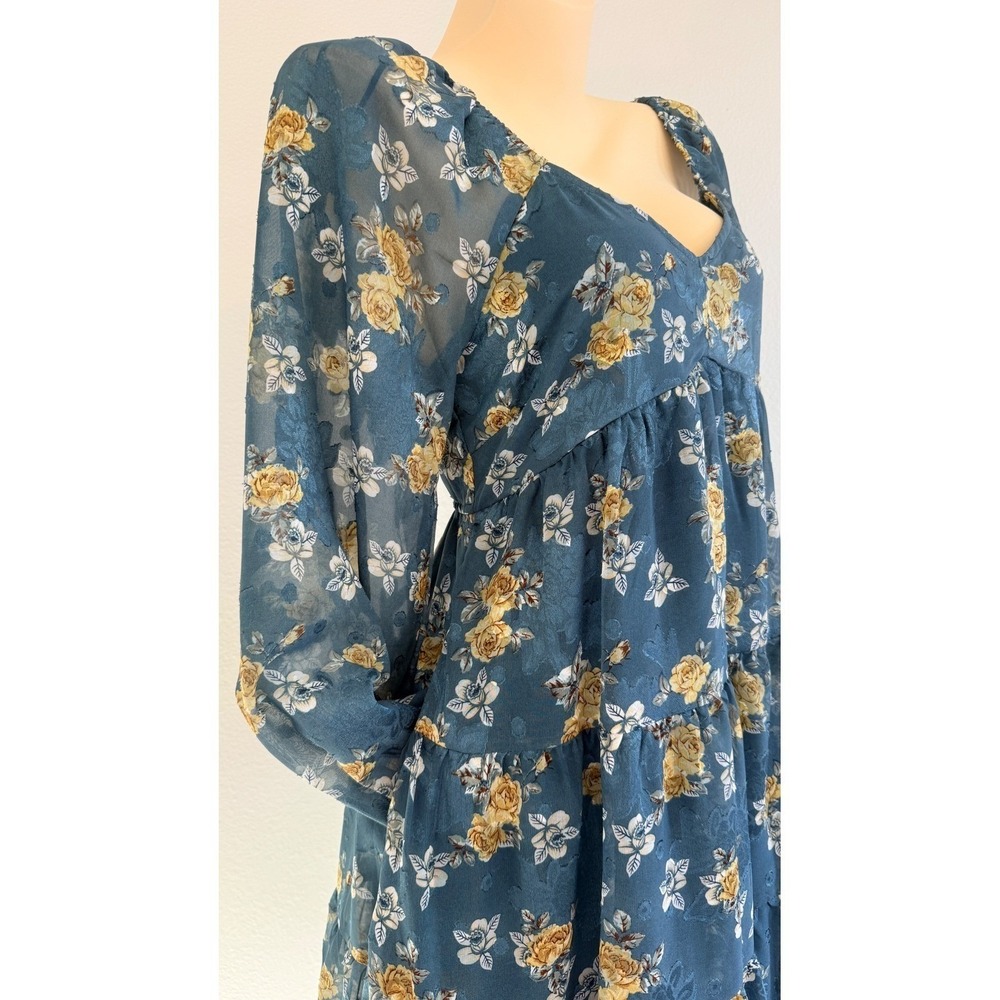 Baltic Born Lombard Tiered Dress Blue Gold Floral Cottagecore Boho Mini Medium - Picture 11 of 15